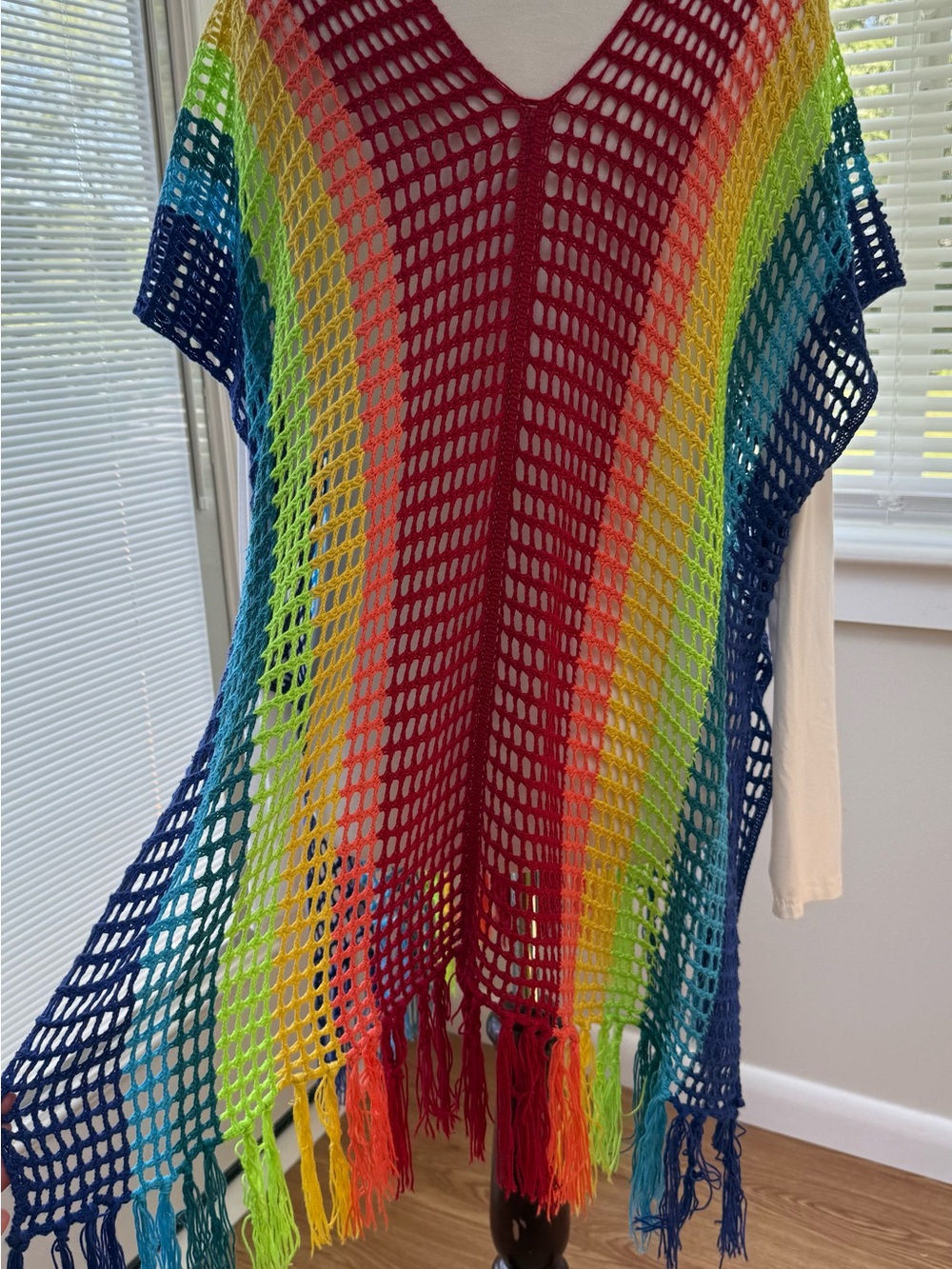 Rainbow Crochet Mesh Poncho Swimsuit Coverup with Fringe - Picture 3 of 4